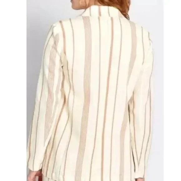 ModCloth Opportunity Linen/Viscose Blazer Cream Striped Front Pockets Light 1X - Picture 4 of 11